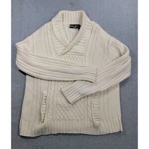 Studio One Campus Sweater Mens L Beige Acrylic Fisherman Knit Shawl Pocket 80s